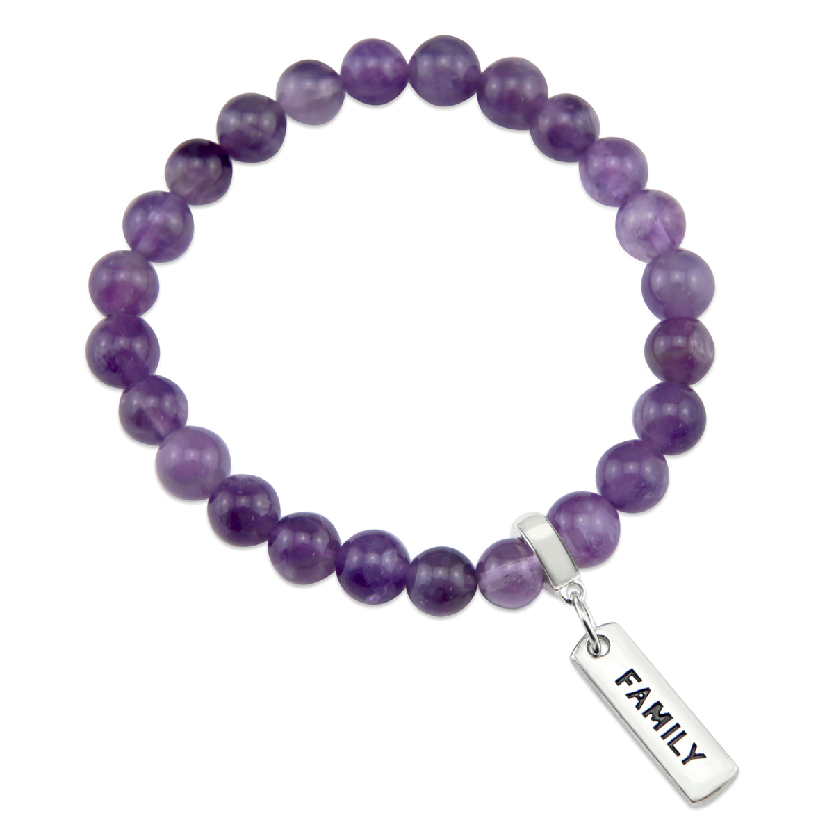 Purple amethyst stone bead bracelet with charm featuring meaningful and inspiring words with silver clip. 
