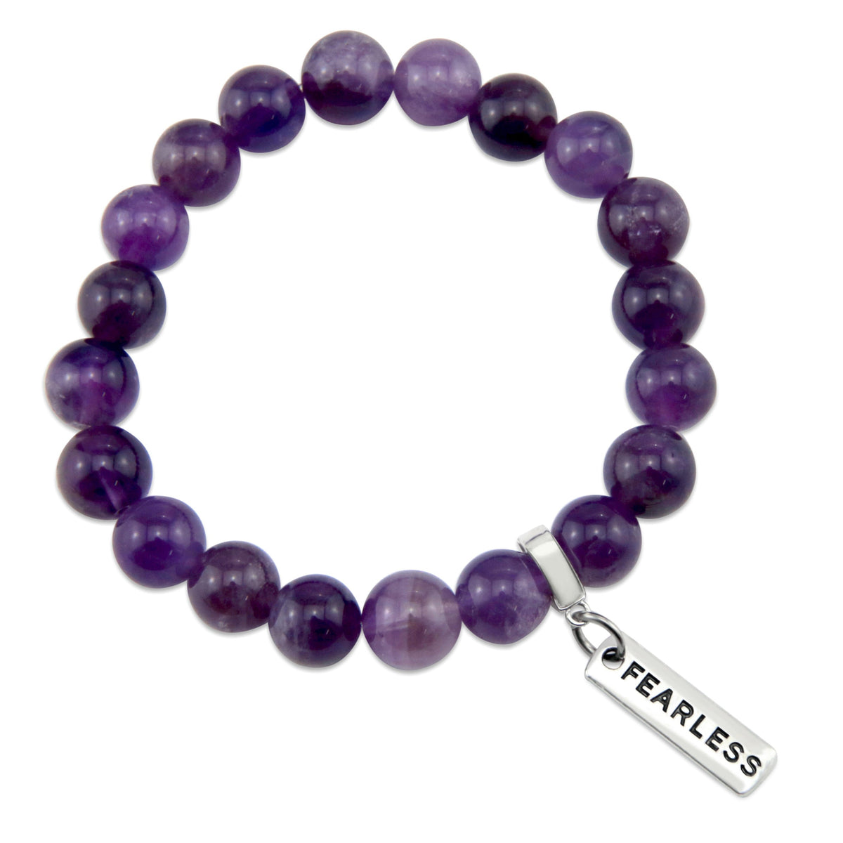 Amethyst stone bead bracelet with inspiring word charms and silver clip. 