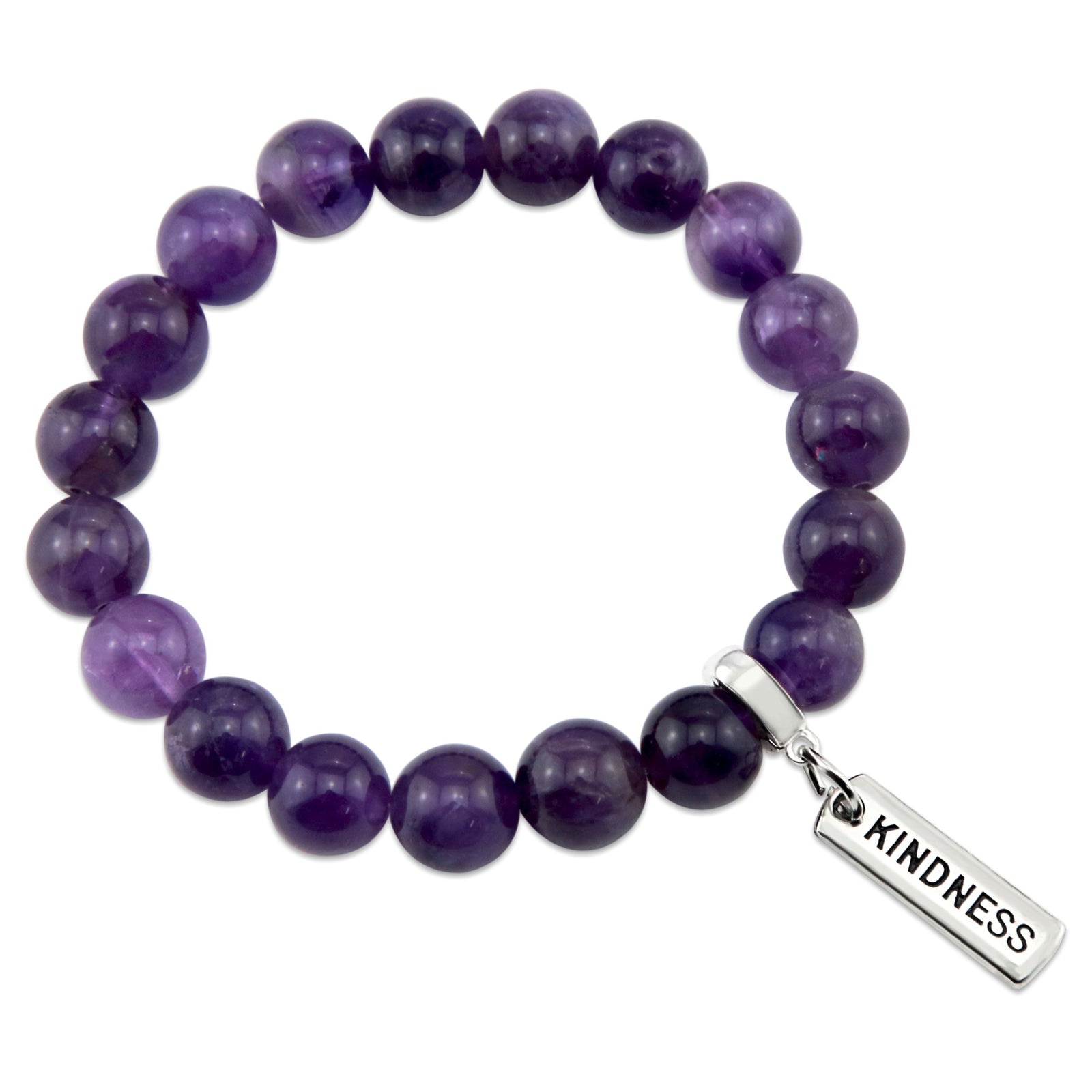 Amethyst stone bead bracelet with charm featuring the word strength and silver clip. 