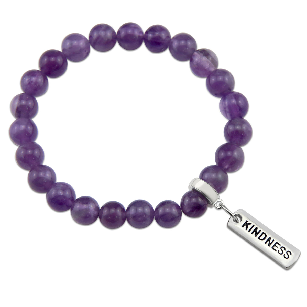 Purple amethyst stone bead bracelet with charm featuring meaningful and inspiring words with silver clip. 