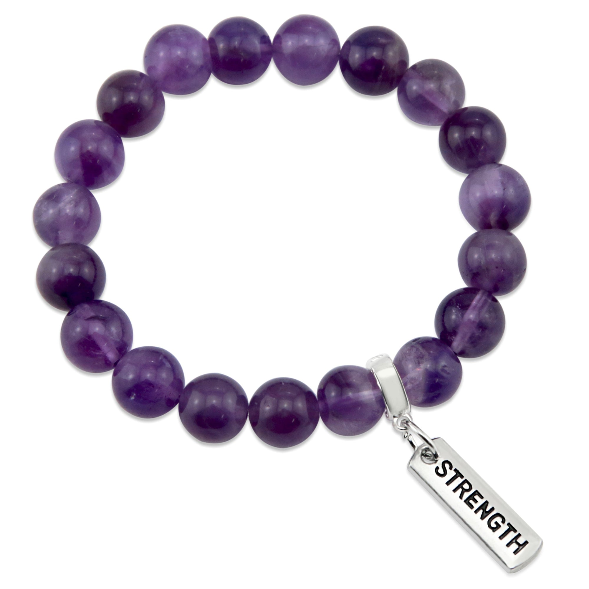 Amethyst stone bead bracelet with charm featuring the word strength and silver clip. 