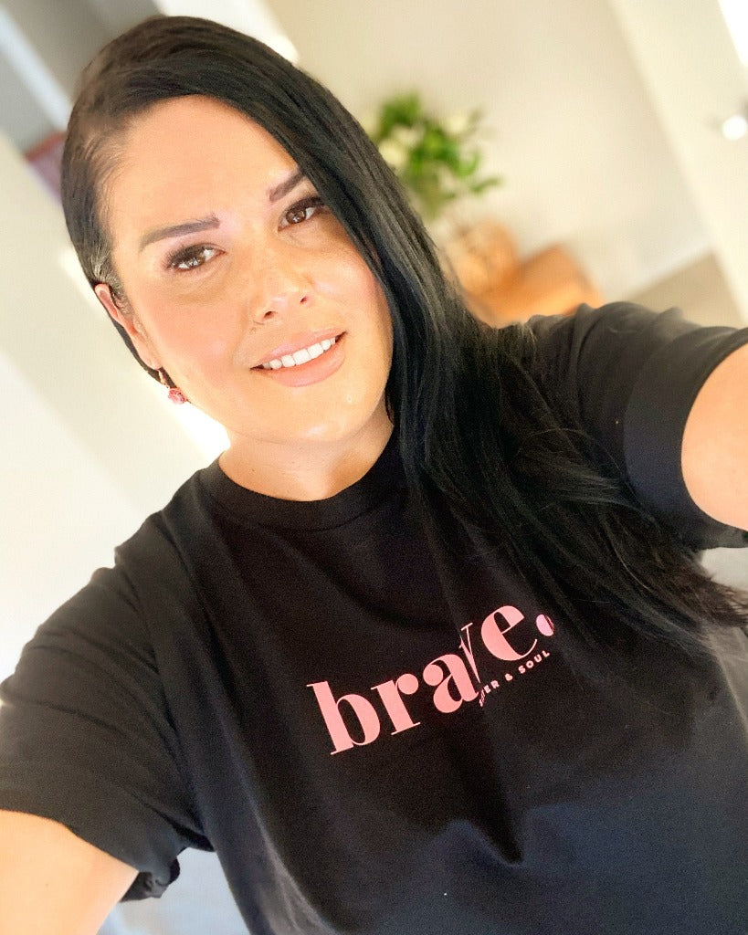 BRAVE - Oversized Fit - Plus Size Long Boxy Tee - Black with Pink Print
