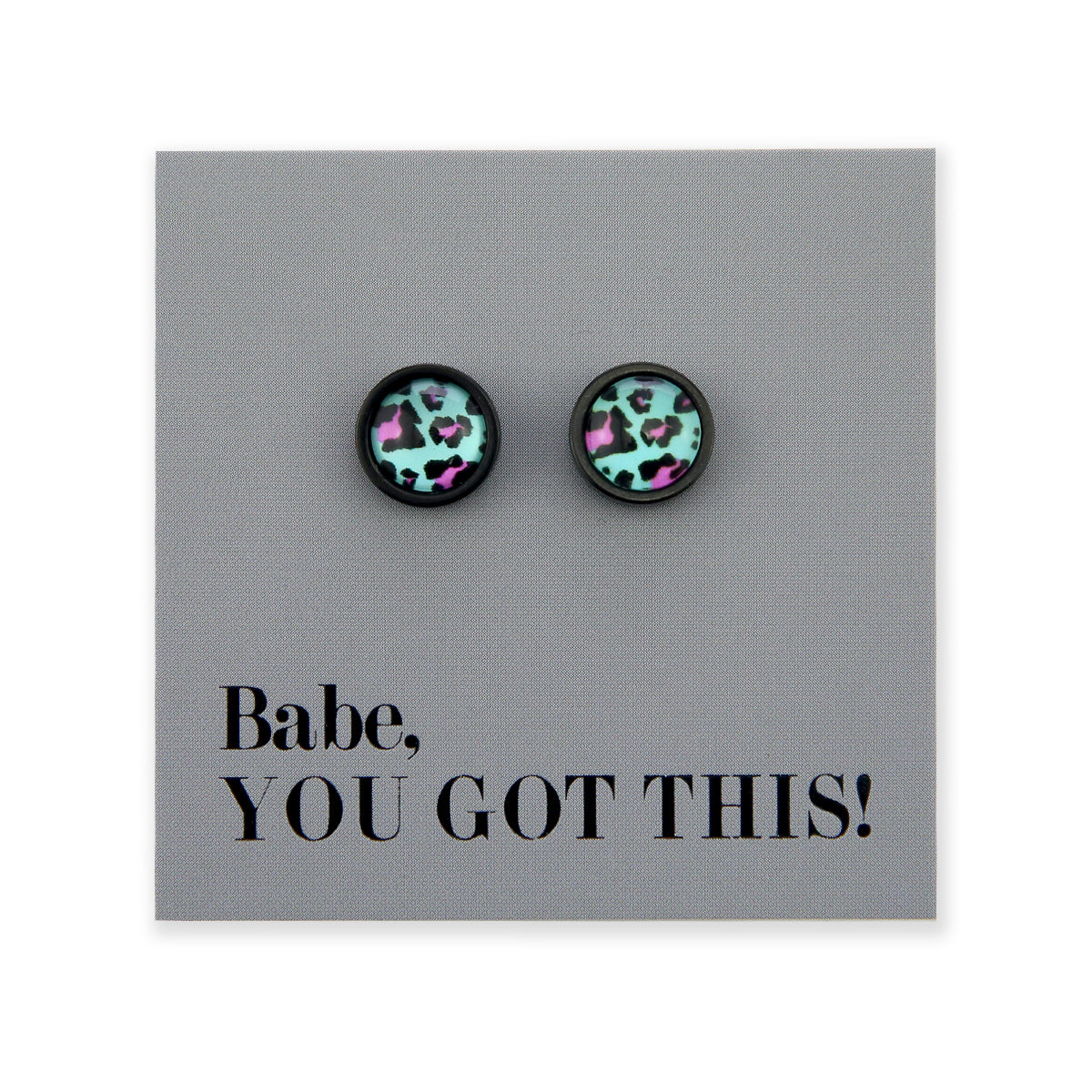 Babe You Got This - Black Stainless Steel 8mm Circle Studs - Aqua Leopard (2403)