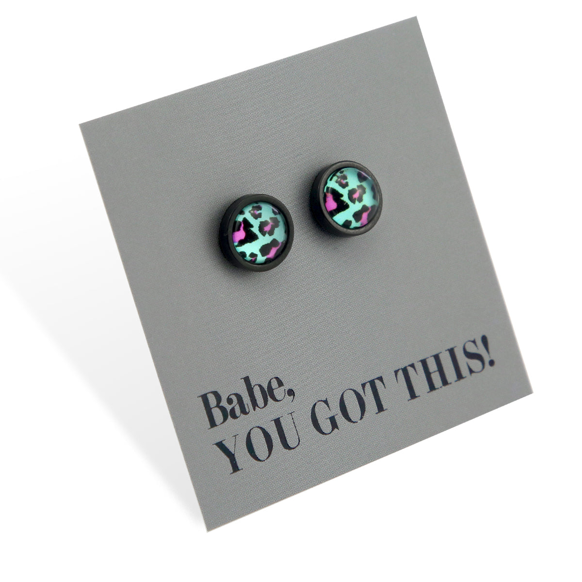 Babe You Got This - Black Stainless Steel 8mm Circle Studs - Aqua Leopard (2403)