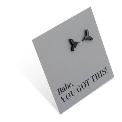 Black stainless steel hummingbird studs on foil babe, you got this card