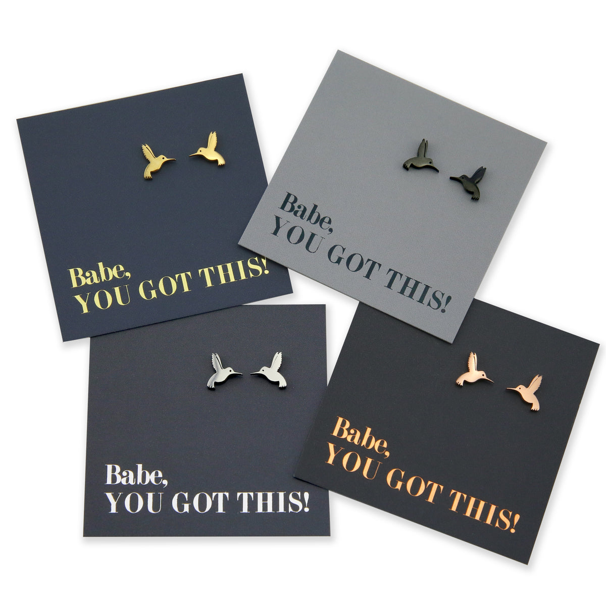 Silver, rose gold, gold and black stainless steel hummingbird studs on foil babe, you got this card