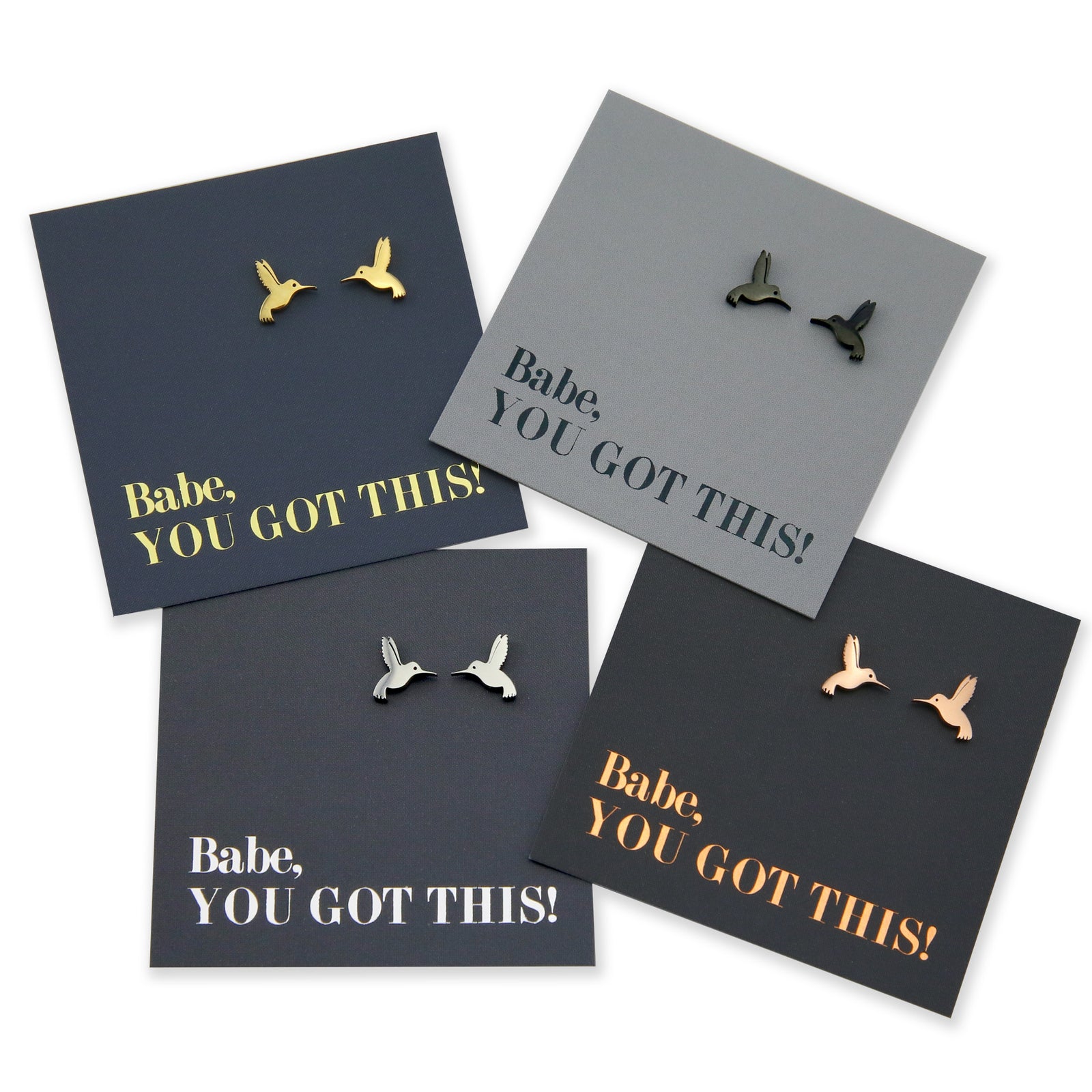 Silver, rose gold, gold and black stainless steel hummingbird studs on foil babe, you got this card