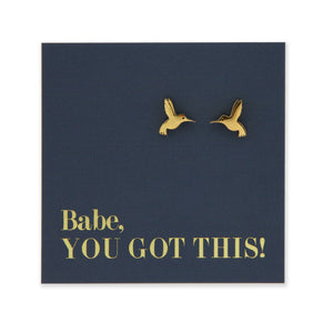 Gold stainless steel hummingbird studs on foil babe, you got this card