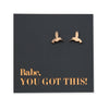 Rose Gold stainless steel hummingbird studs on foil babe, you got this card
