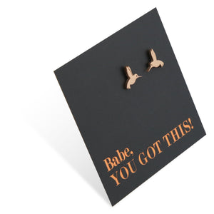 Rose Gold stainless steel hummingbird studs on foil babe, you got this card