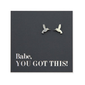 Silver stainless steel hummingbird studs on foil babe, you got this card