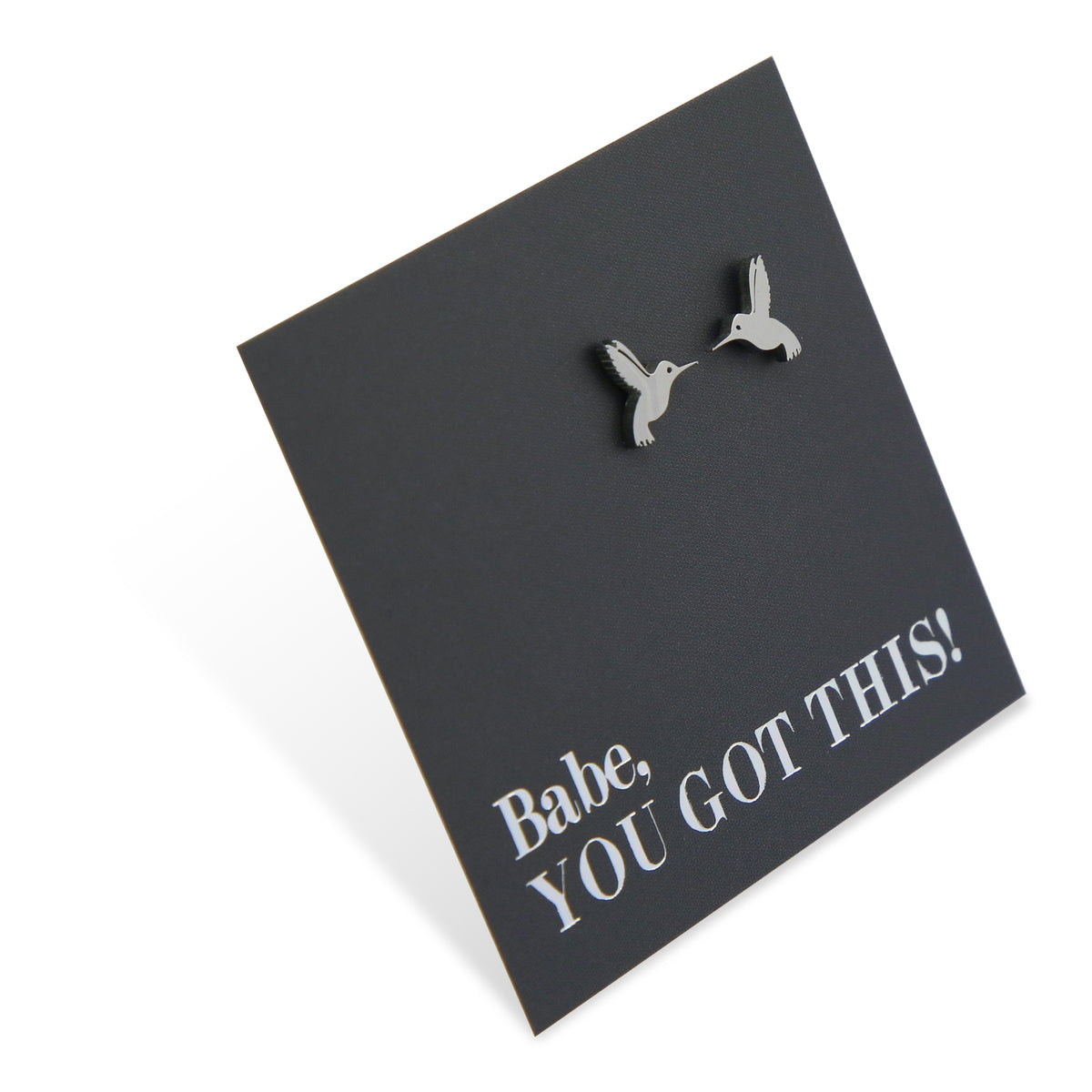 Silver stainless steel hummingbird studs on foil babe, you got this card