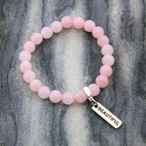 Rose Quartz 8mm stone bracelet with silver beautiful word charm and clip. 