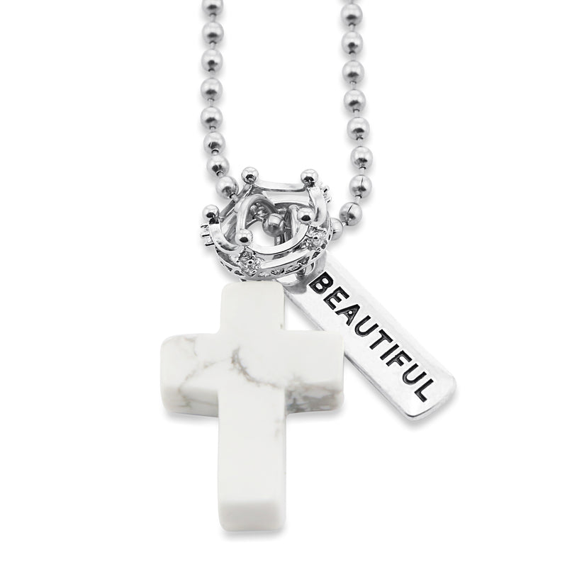 Cross & Crown Necklace - White Marble Howlite