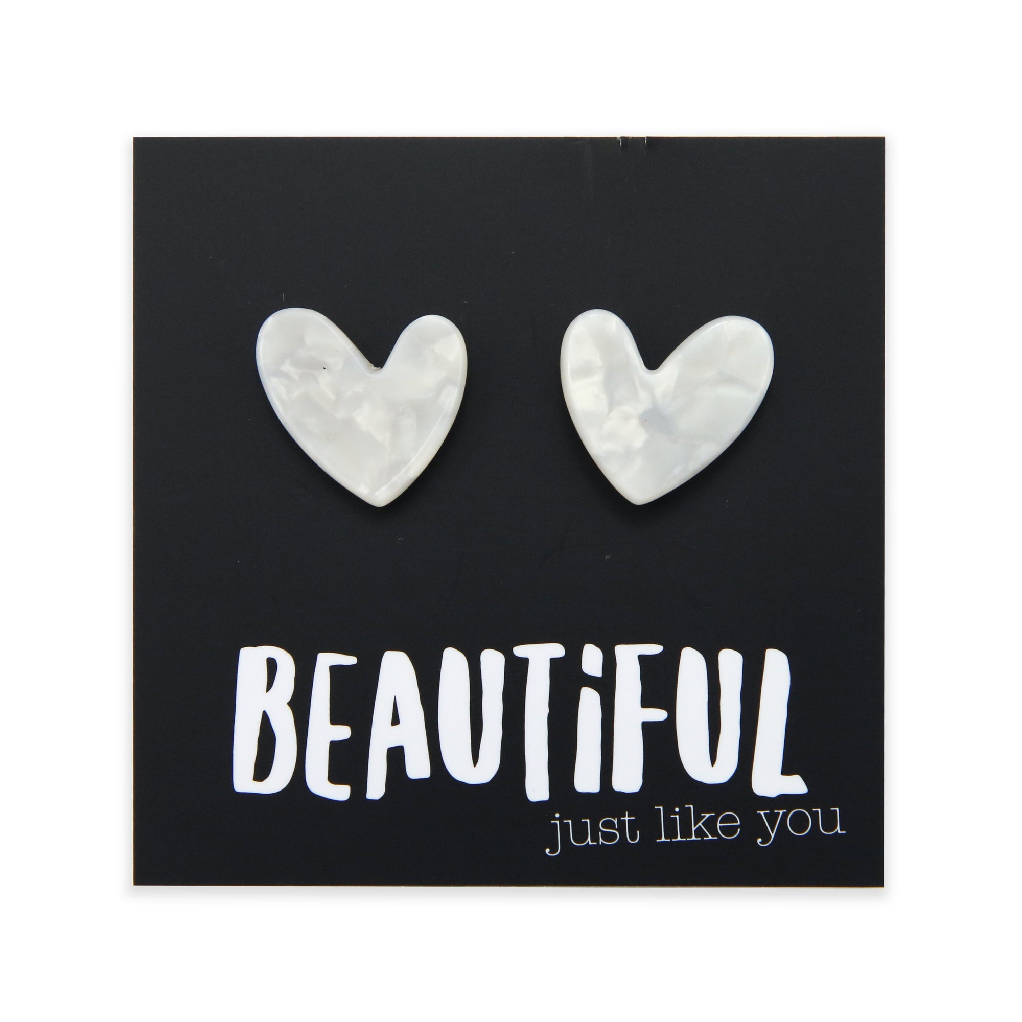 Beautiful Just Like You - Resin Heart Studs - White Pearl (11915)