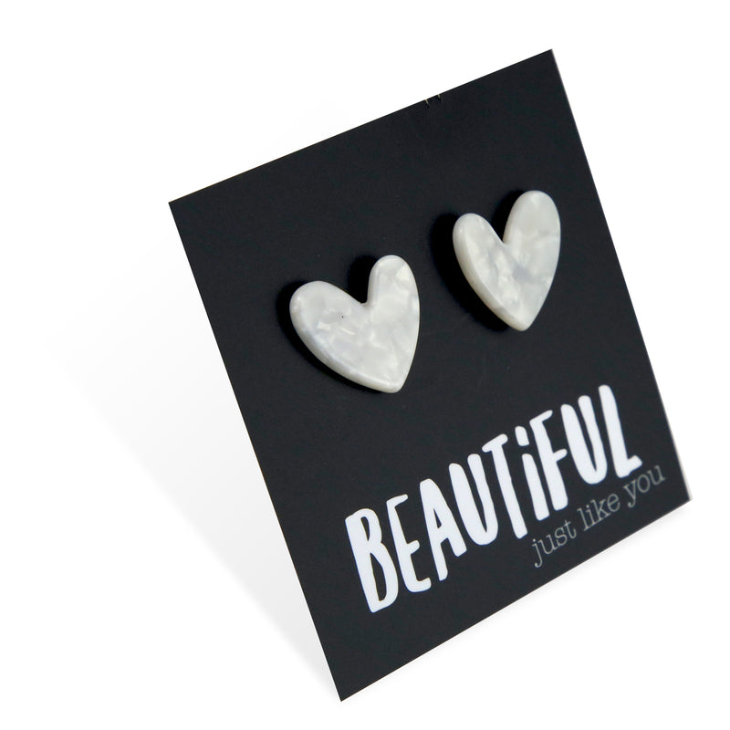 Beautiful Just Like You - Resin Heart Studs - White Pearl (11915)