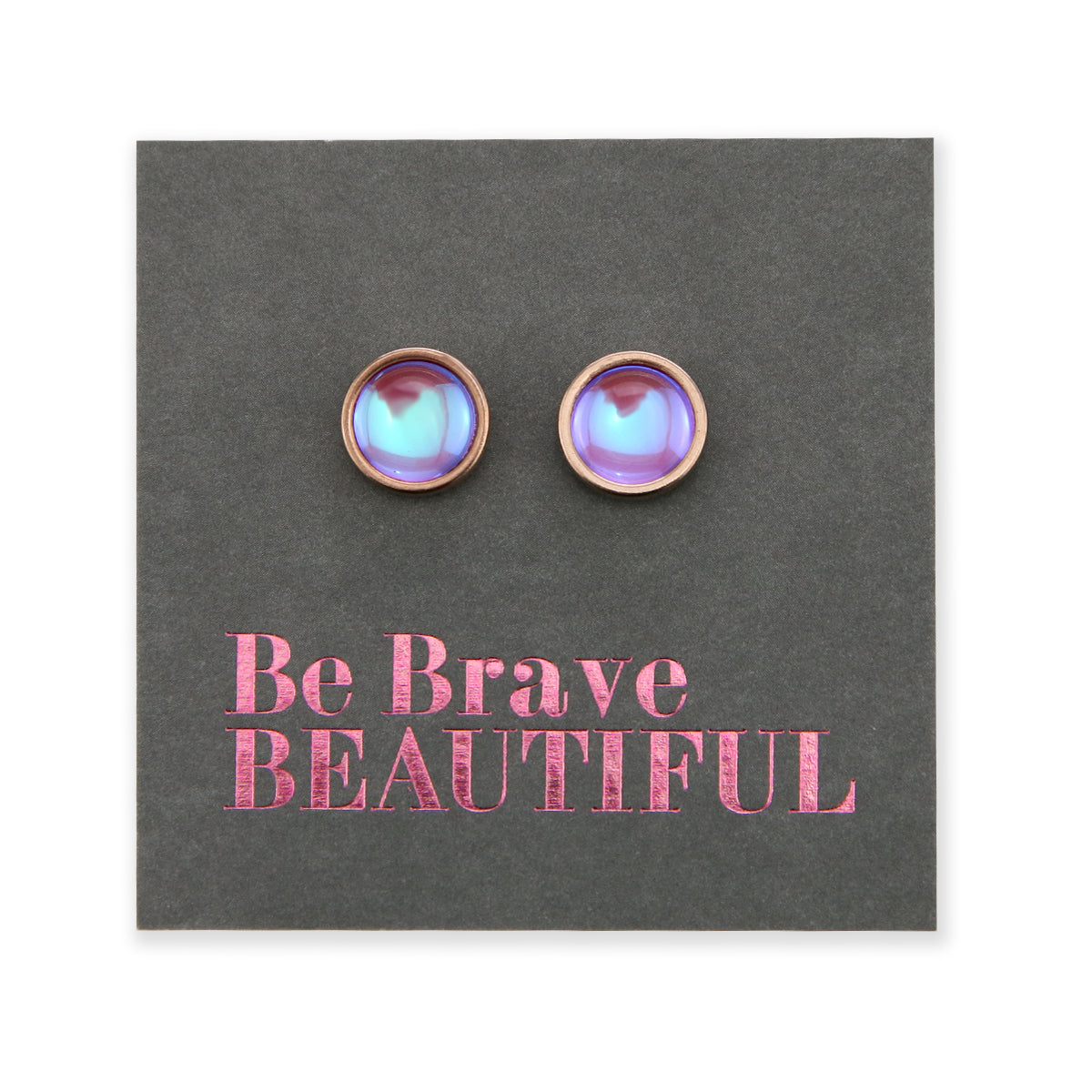 Be Brave Beautiful - Rose Gold Stainless Steel 8mm Circle Studs - Iridescent Rhinestone Hyacinth  (8602-F)