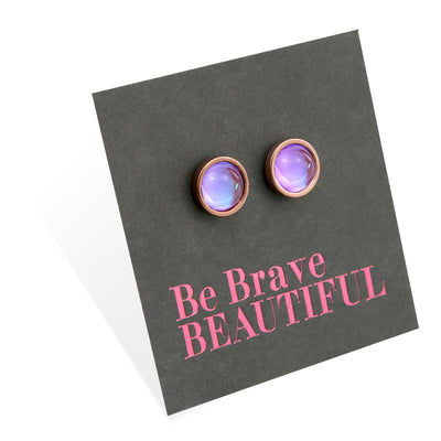 Be Brave Beautiful - Rose Gold Stainless Steel 8mm Circle Studs - Iridescent Rhinestone Hyacinth  (8602-F)