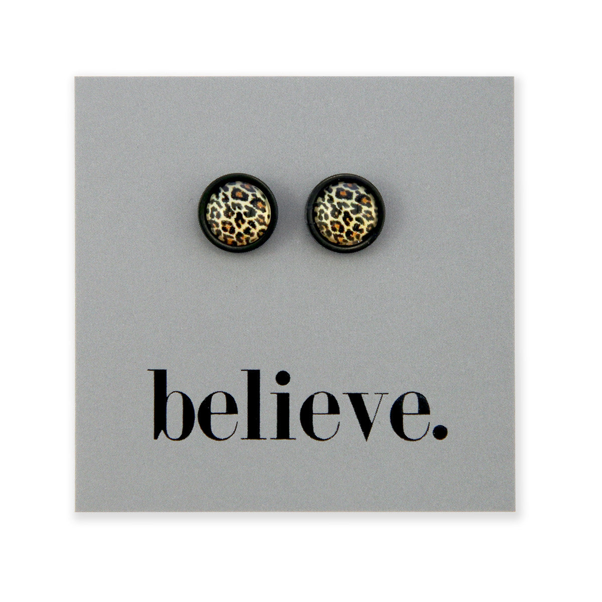 Believe - Black Stainless Steel 8mm Circle Studs - Wild Thing Leopard (13022)