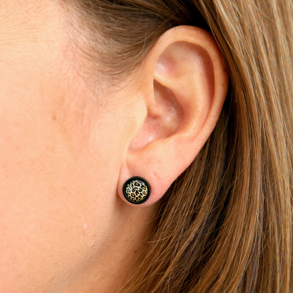 Believe - Black Stainless Steel 8mm Circle Studs - Wild Thing Leopard (13022)