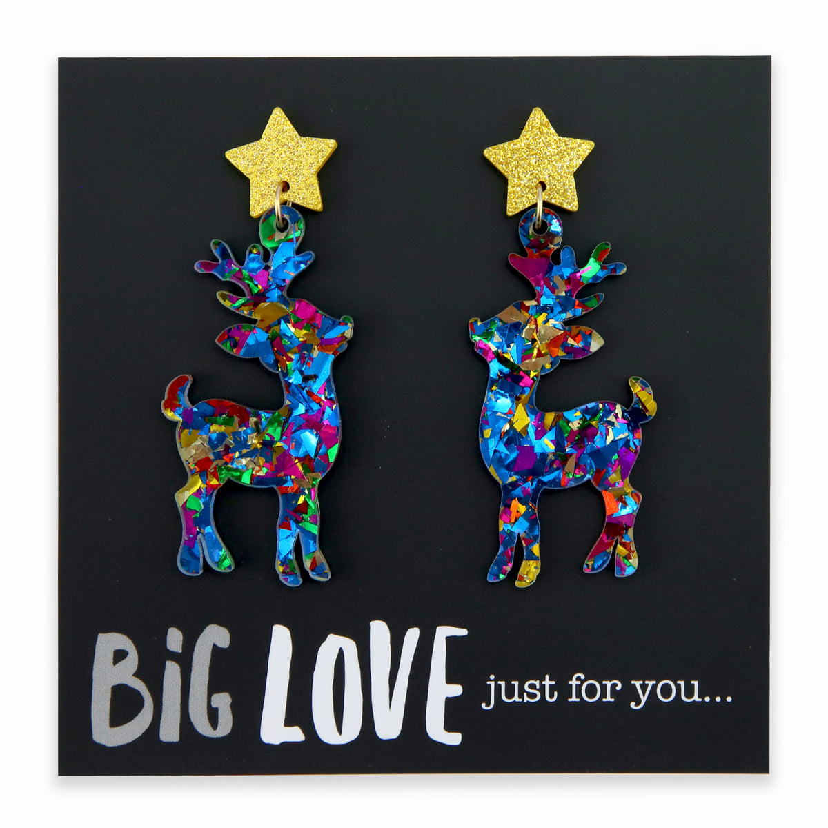 A pair of colorful acrylic and resin dangle earrings featuring glittery reindeer shapes with star accents, displayed on a black background with the text 'BIG LOVE just for you.