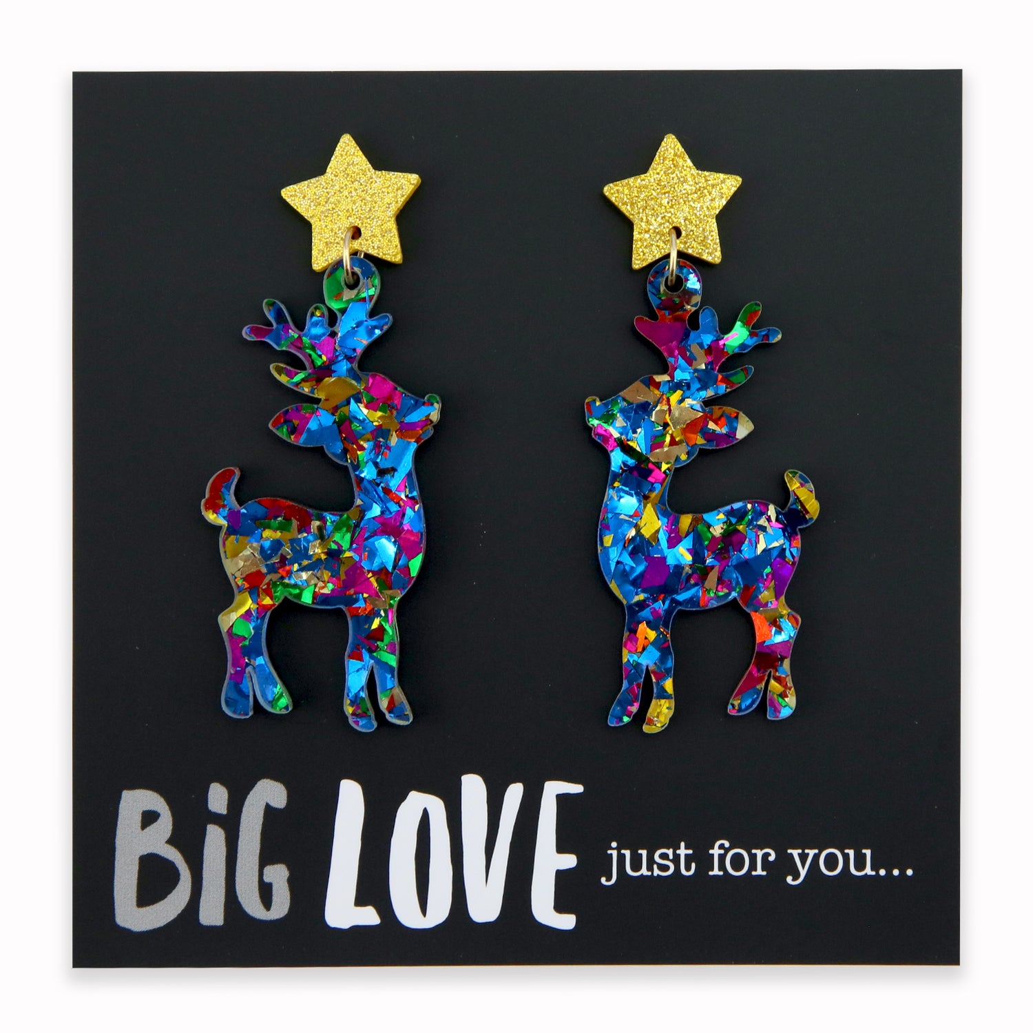 A pair of colorful acrylic and resin dangle earrings featuring glittery reindeer shapes with star accents, displayed on a black background with the text 'BIG LOVE just for you.