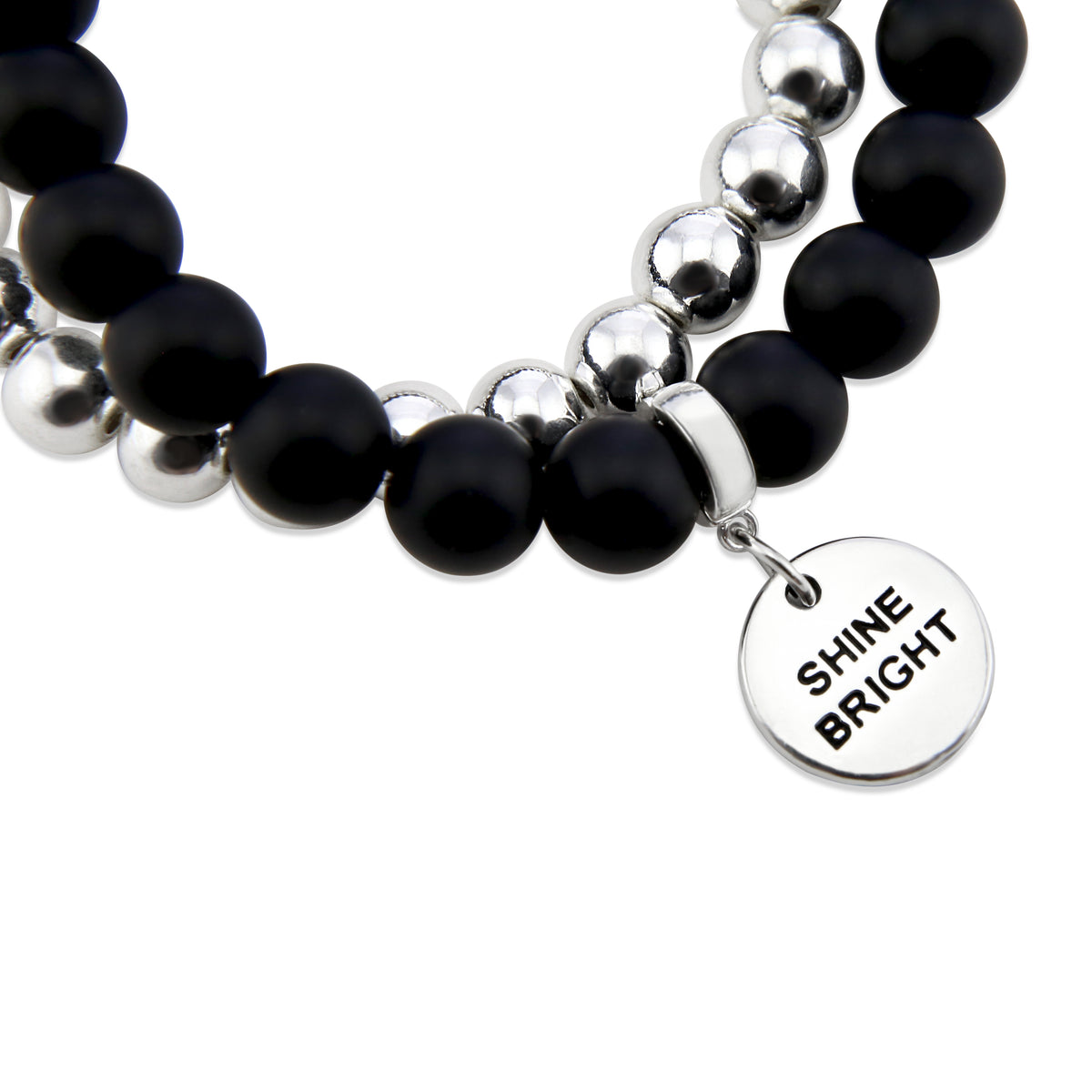 Stone Bead Bracelet Duo. Matt Black Onyx stone bead bracelet with silver clip and SHINE BRIGHT word charm with silver hematite stacker bracelet. 