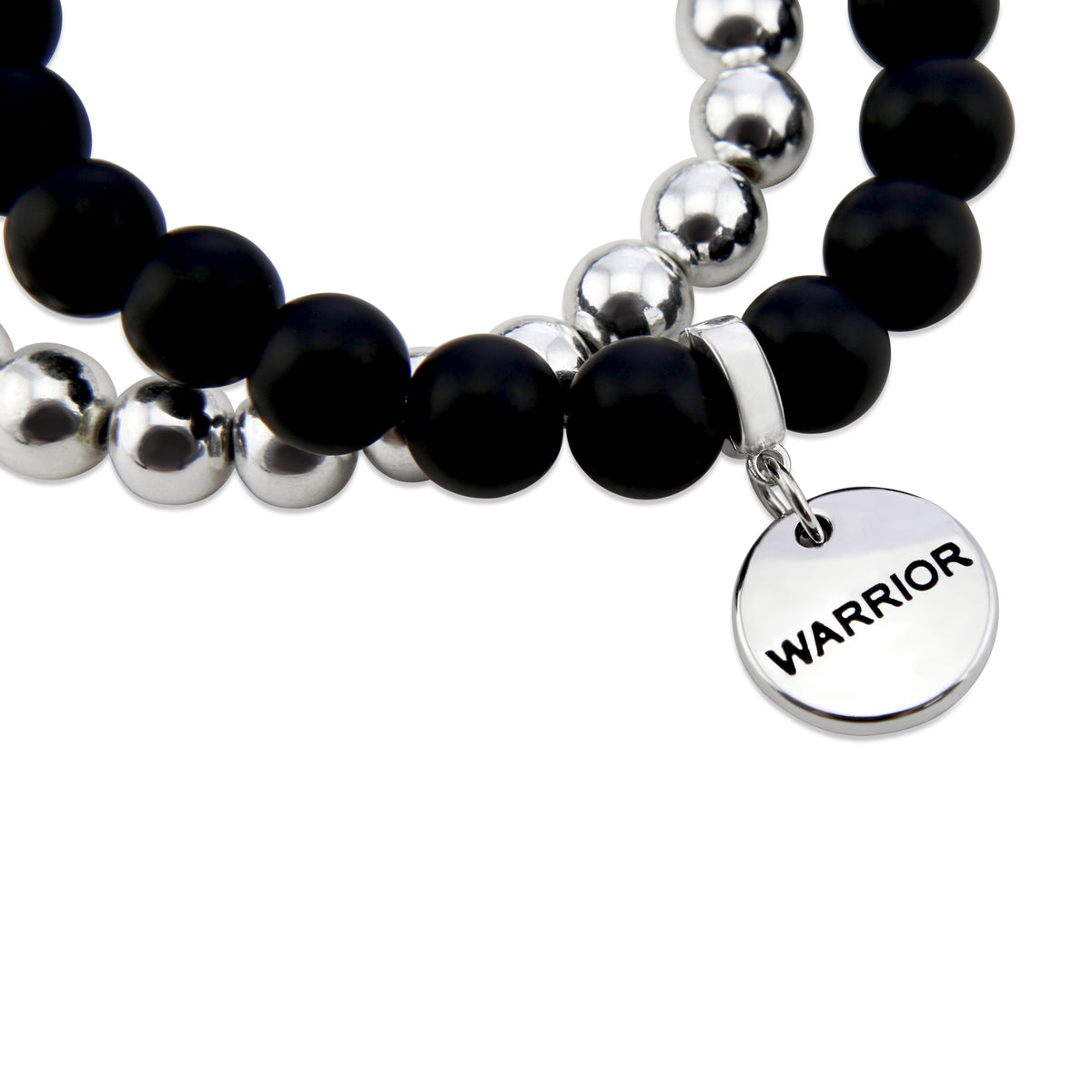 Stone Bead Bracelet Duo. Matt Black Onyx stone bead bracelet with silver clip and TEACH word charm with silver hematite stacker bracelet. 