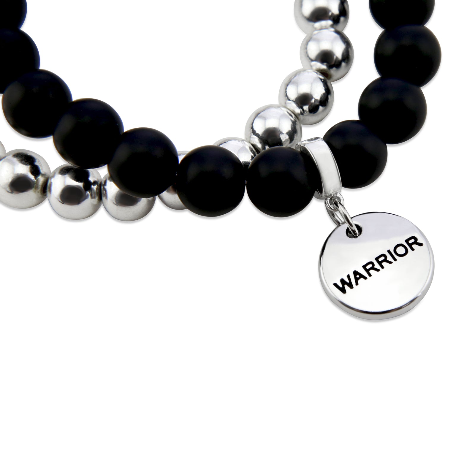 Stone Bead Bracelet Duo. Matt Black Onyx stone bead bracelet with silver clip and TEACH word charm with silver hematite stacker bracelet. 