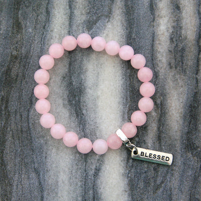 Rose Quartz 8mm stone bracelet with silver blessed word charm and clip.