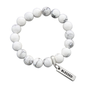 White marble howlite stone bead bracelet with silver word charm.
