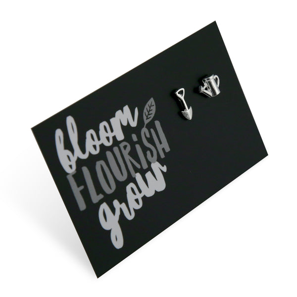 Spade & Watering Can Earring Studs Bloom Flourish Grow Silver (930