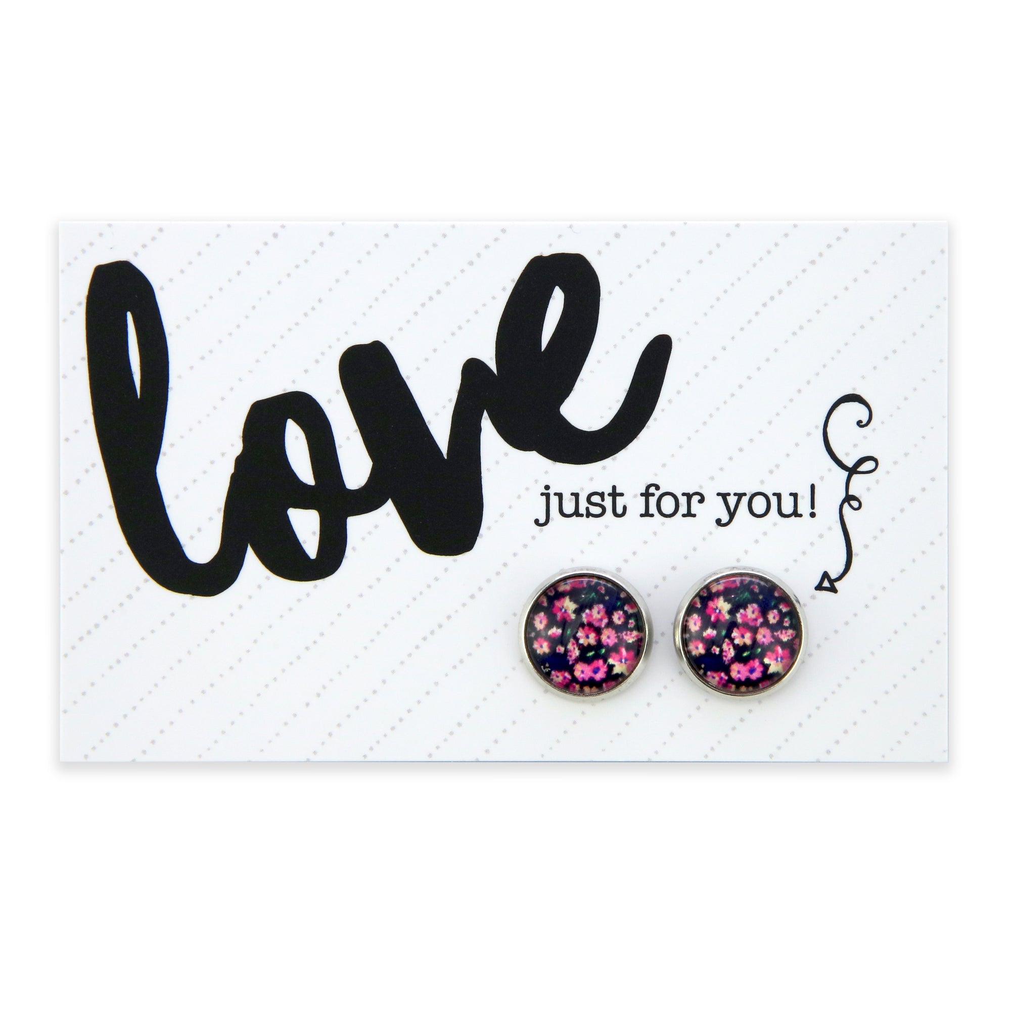 Pink floral earring stud with silver surround and presented on a love gift card.