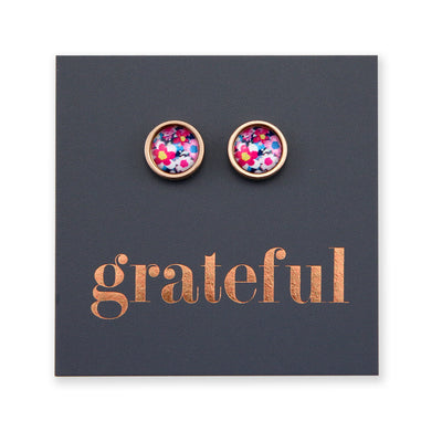 Beautiful rose gold stainless steel circle stud hypoallergenic earrings with floral print on grateful gift card.