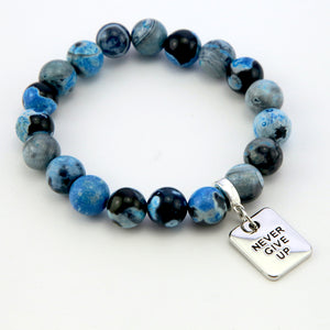 Stone Bracelet - Blue Lagoon Fire Agate Stone 10mm Beads - With Silver Word charm