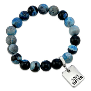 Stone Bracelet - Blue Lagoon Fire Agate Stone 10mm Beads - With Silver Word charm