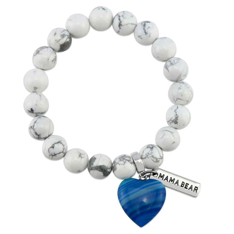 SWEETHEART Bracelet - 10mm WHITE MARBLE stone beads with BLUE Heart & Word Charm