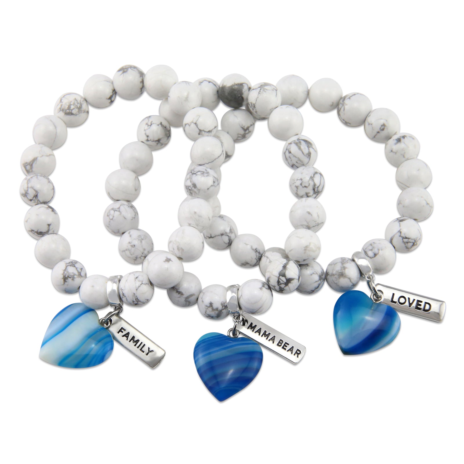 SWEETHEART Bracelet - 10mm WHITE MARBLE stone beads with BLUE Heart & Word Charm