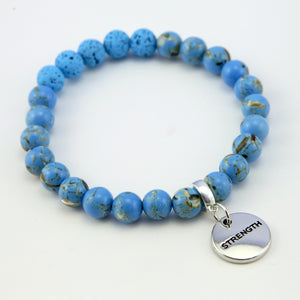 Lava Stone Bracelet -  8mm Blue Synthesis + Blue Lava Stone beads - with Silver Word Charm