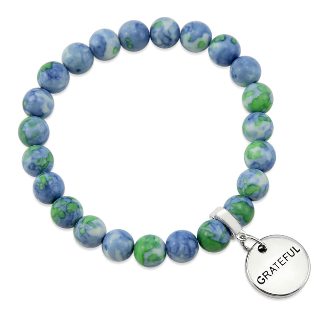 Stone Bracelet - Blue & Lime Patch Agate Stone 8mm Beads - With Silver Word charm