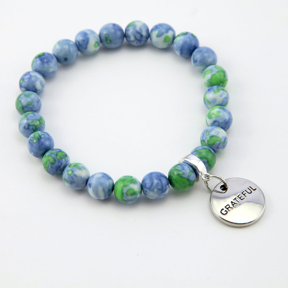 Stone Bracelet - Blue & Lime Patch Agate Stone 8mm Beads - With Silver Word charm