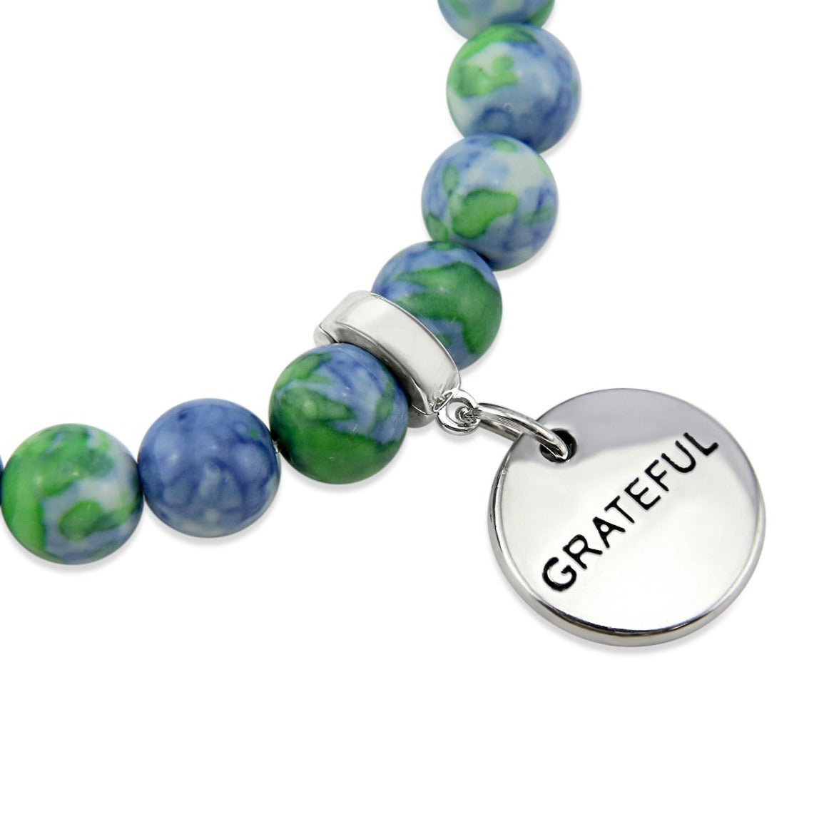 Stone Bracelet - Blue & Lime Patch Agate Stone 8mm Beads - With Silver Word charm