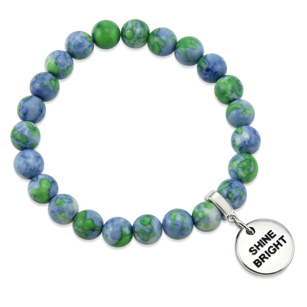 Stone Bracelet - Blue & Lime Patch Agate Stone 8mm Beads - With Silver Word charm