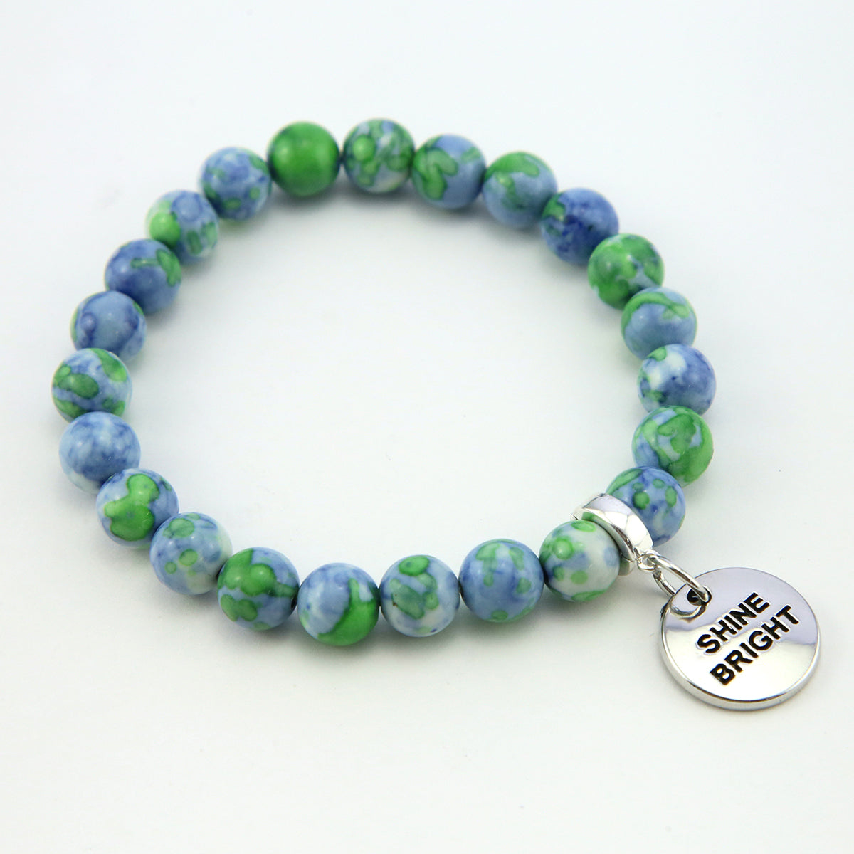 Stone Bracelet - Blue & Lime Patch Agate Stone 8mm Beads - With Silver Word charm