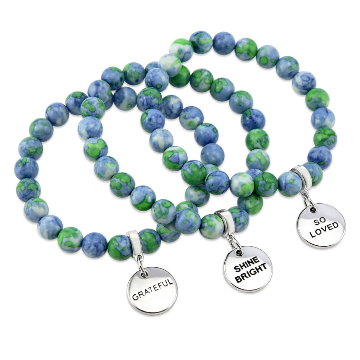 Stone Bracelet - Blue & Lime Patch Agate Stone 8mm Beads - With Silver Word charm