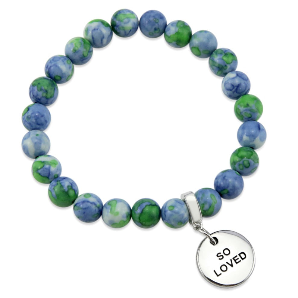 Stone Bracelet - Blue & Lime Patch Agate Stone 8mm Beads - With Silver Word charm
