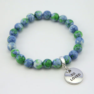 Stone Bracelet - Blue & Lime Patch Agate Stone 8mm Beads - With Silver Word charm