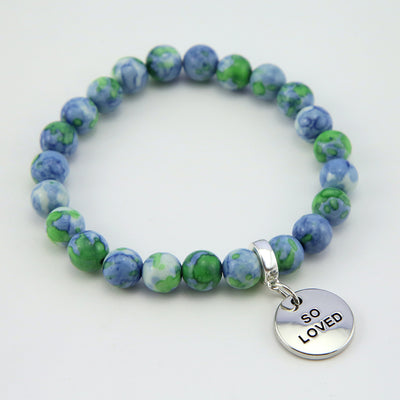 Stone Bracelet - Blue & Lime Patch Agate Stone - 8mm Beads With Silver Word charm