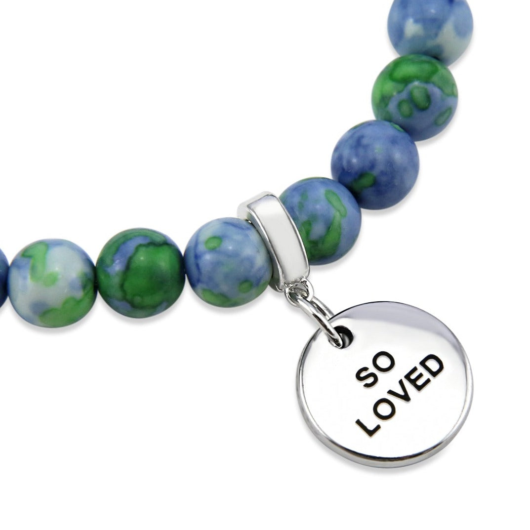 Stone Bracelet - Blue & Lime Patch Agate Stone 8mm Beads - With Silver Word charm