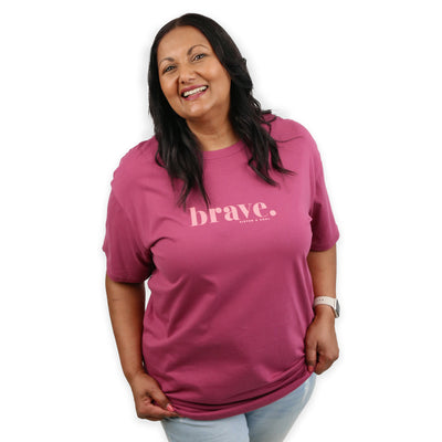 BRAVE - Plus Size Long Boxy Tee - Berry with Pink Print